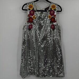 Varun Bahl Silver Sequin Floral Embroidered Sleeveless Mini Shift Dress Disco
